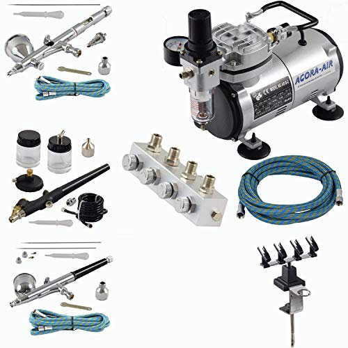 Agora-Tec® Airbrush Komplett-Set EXPERT XV.13, Komplettsystem für Airbrush, inkl. Kompressor mit 4 bar und 20l/min + 3 Airbrushpistolen mit 0,2 & 0,3 & 0,5 & 0,8mm Nadeln/Düsen + regelbaren 4-fach Luftdruckverteiler + 4-fach-Halter + 3 Schläuche + Adapter