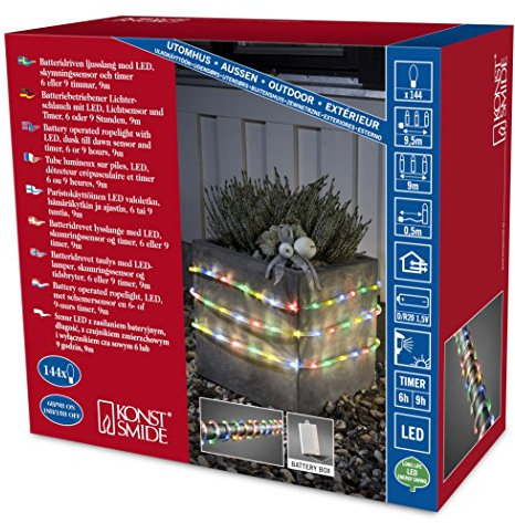 Konstsmide LED Lichterschlauch, 9m, mit Lichtsensor und 6h und 9h Timer, 144 bunte Dioden, batteriebetrieben, Außen (IP44), 4 x D 1.5V (exkl.) - 3745-500