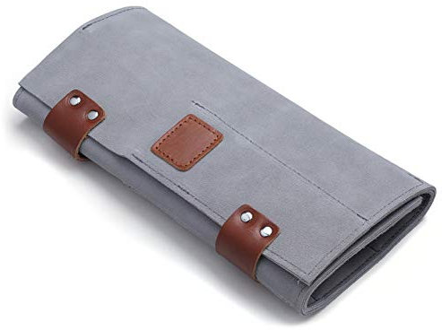 PERFEHAIR Friseurtasche in Grau – Professionelle Werkzeugtasche mit 12 Fächern für Scheren & Barber-Zubehör (Roll-up Design, Haarabweisend) – Leichte Ledertasche für Salon, Reise & Geschenk