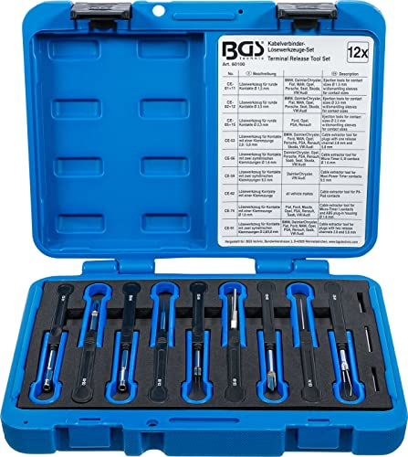 BGS 60100 | Kabelverbinder-Lösewerkzeug-Satz | universal | 12-tlg. | Für Rund- und Flachsteckkontakte | Fahrzeugelektronik ABS, Klima, Sensoren | Schutzkappe über Werkzeugspitze