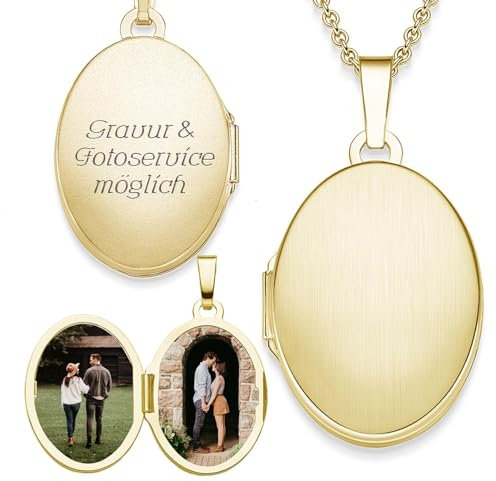 Amoonìc Medaillon oval zum Öffnen für Bilder Gelbgold | Kette Damen Medallion mit Bild | Foto Amulett Anhänger antik vintage | Halskette Herzkette mit Gravur