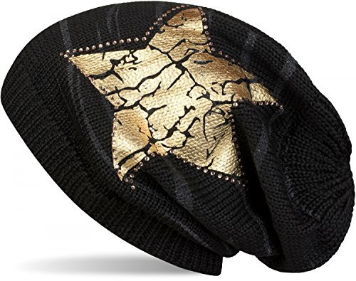 styleBREAKER Strick Beanie Mütze mit Vintage Stern Print und Strass Rand, Strickmütze mit Streifen Muster, Unisex 04024083, Farbe:Schwarz/Gold