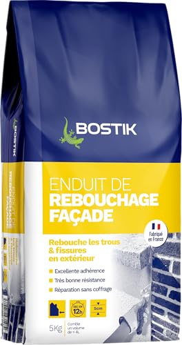 Bostik Enduit de Rebouchage Façade en Poudre - Sac 5 kg | Intérieur/Extérieur - Tous Supports - Rebouchage et Égalisation de Trous et Fissures Jusqu’à 5 cm - Blanc