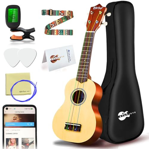 Everjoys Sopran Ukulele Set für Kinder und Erwachsene 21 Zoll Ukulele Starter Kit mit Tasche, Tuner, Songbook, Saiten, Pick, Kleine Hawaii Gitarre Natur