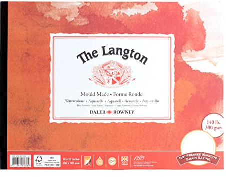 Daler-Rowney The Langton HP 300gsm 16 x12in Watercolour Paper 12 Sheets | Hot-Pressed Watercolour Paper, Glued 1 Side, Natural White Sheets, For Professional Artists