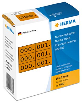 Herma Number Labels 0-999, Triple, 3000 Pieces, 22 x 10 mm, Self-Adhesive, Matte, Triple Sequential Paper Number Labels, Asset Numbers in Dispenser Box, Brown