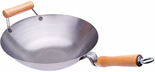 14 Inch Carbon Steel Wok w/ Helper Handle (Flat Bottom) USA Made