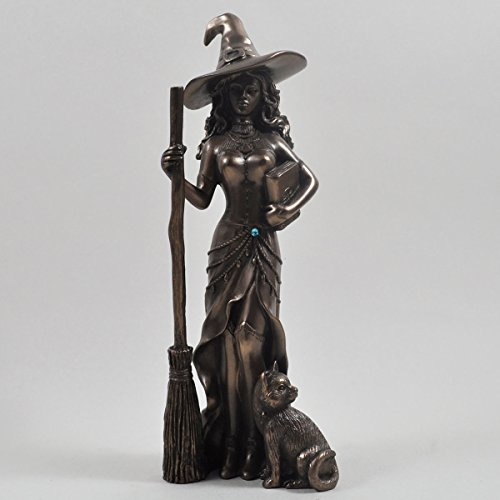 Dekofigur, Hexe mit schwarzer Katze, bronzefarben