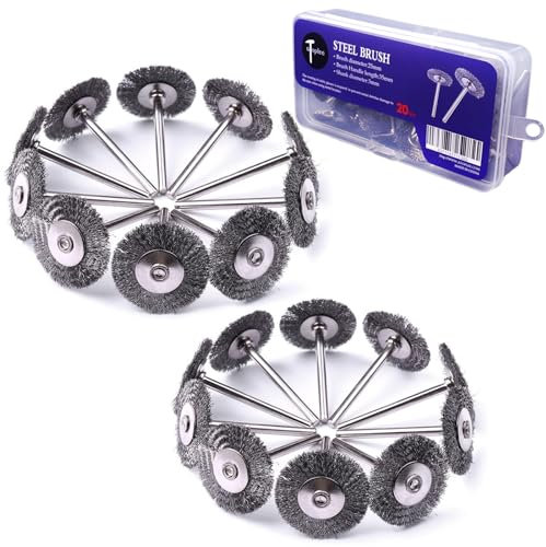 ATOPLEE Set de Brosse Metallique, 20 Pièces 1 pouce / 25 mm Mini-roue Métallique avec Tige Ronde de 3 mm,Brosse Métallique en Acier Allié pour le Nettoyage de la Rouille, de la Peinture, le Décapage et l'abrasion, pour la Fixation de Foreuse