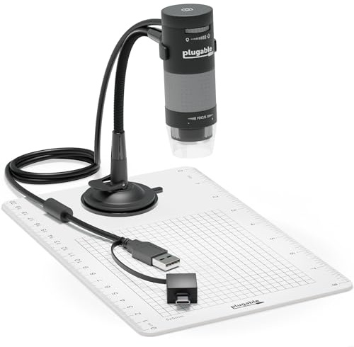 Plugable USB Digital Microscope 250x, 2MP Micro Camera with Flexible Arm Stand - Handheld USB & USB-C Microscope, Windows, Mac, ChromeOS, Linux, Android, iPad Compatible