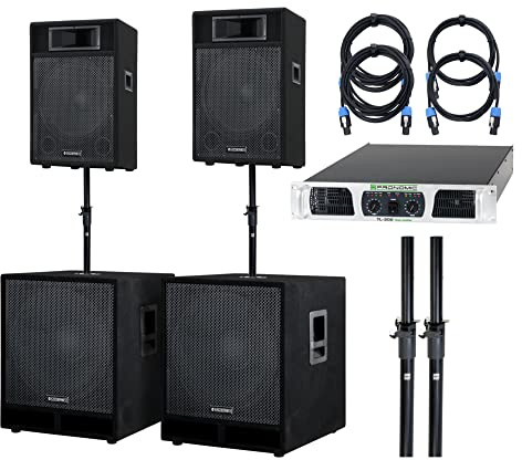 McGrey Powerstage-4200 PA Komplett-Anlage (2X 12/30cm Topteil, 2X 18/45cm Subwoofer, 1x Endstufe, 2X Distanzstange, 2X Boxenkabel, 1050/2100/4200 Watt RMS/Musikleistung/Peak) | Passiver 2-Wege-Lautsprecher mit Piezo-Hochtöner, 12 (30cm) Lautsprecher, 2 Hochtöner, Trapezgehäuse, 5x65cm