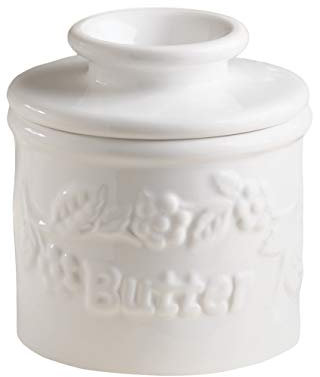 Butter Bell - The Original Butter Bell Crock by L Tremain, a Countertop French Ceramic Butter Dish Keeper for Spreadable Butter, Fleur de Lis Collection (White Raised Floral)