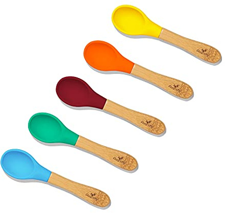 Avanchy Baby Spoons 5 Bamboo and Silicone Set, Self Feeding Food Utensils, 4 Months Baby Led Weaning, 5 Pack W/Blue