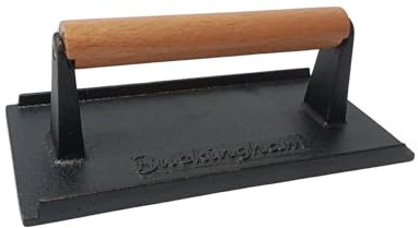Buckingham Cast Iron Steak Weight Grill Press Black with Premium Wooden Handle Ideal for Burger Steak BBQ Perfect for Unwanted Fat 21 Cm