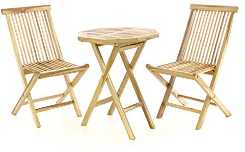 Divero 3tlg. Sitzgruppe Verona bestehend aus Tisch achteckig Ø 60 cm 2 x Klappstuhl – Material: Teakholz, unbehandelt – Farbe: Natur-Braun
