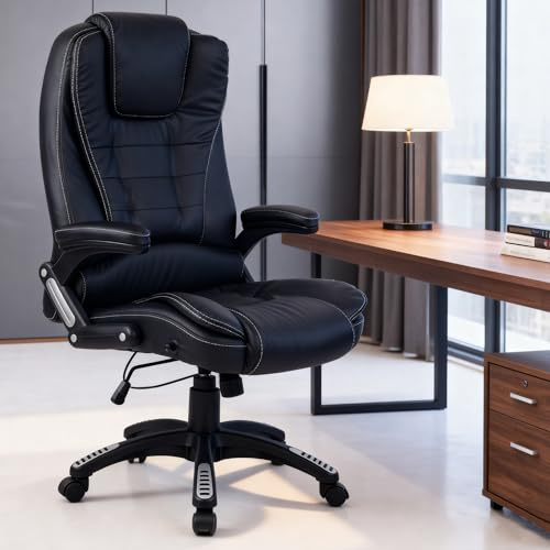RayGar Black Luxury Faux Leather High Back Reclining Recliner Office Chair Swivel Computer Desk Study (Black)