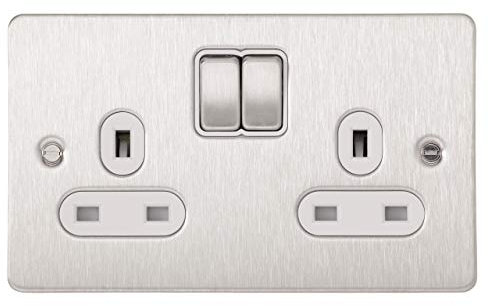 Schneider Electric Ultimate Flat Plate - Switched Double Power Socket, Double Pole, 13A, GU3220DWSS, Stainless Steel with White Insert