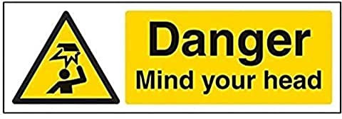 V Safety 63034AX-S Danger Mind Your Head Sign, Landscape, Self Adhesive Vinyl, Black/Yellow, 300 mm x 100 mm