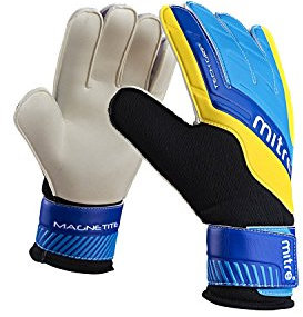 Mitre Magnetite Goalkeeper Gloves | Be Football Match Ready | Extra Comfort, Black/Blue/Yellow, Size 8