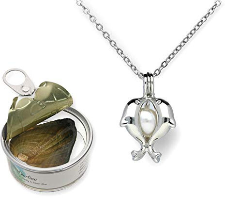 Freshwater Cultured Pearl (5-7mm) in Oyster Set Rhodium Plated Twin Dolphins Necklace +Stainless Chain 18