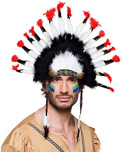 Boland 44138 - Indianer Kopfschmuck, 1 Stück, Einheitsgröße, Mohawk, rot-schwarz-weiß mit Federn und seitlichen Bändern, Häuptling, Leder, Kriegshaube, Federschmuck, Kopfbedeckung, Accessoire