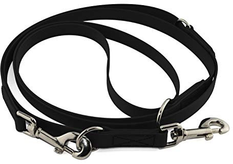 LENNIE Verstellbare BioThane Führleine, 13mm breit, 5m lang, Schwarz, genäht, Doppelleine