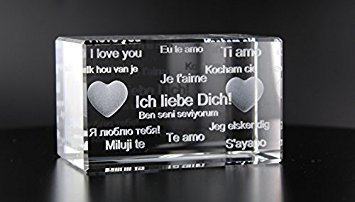 VIP-LASER 3D Glas Kristall Quader XL mit Text 'Ich Liebe Dich!' in verschiedenen Sprachen! Das tolle Geschenk für einen liebenden Menschen!