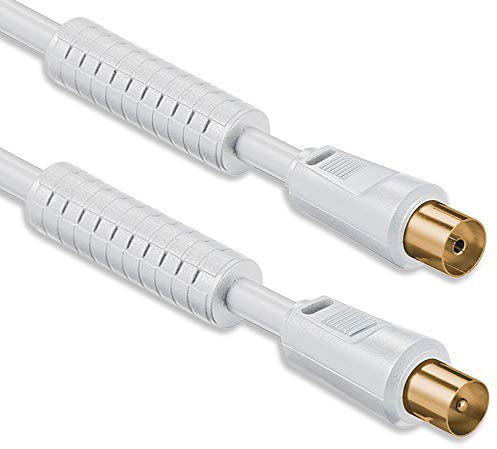 Antennenkabel 7,5 Meter (100 db) mit Ferrite Mantelstromfilter, 2x geschirmt vergoldet, Koax-Stecker > Koax-Buchse (vollständig geschirmt) Koax weiß St-Ku mit FE gold 100db