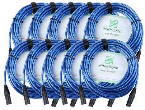 Pronomic Lot de 10 câbles micro XFXM-Blue-10, 10m, XLR femelle 3 broches -> XLR mâle 3 broches, connecteurs soudés main, résistants acides/huiles, décharge traction à pince, bleu métallique.