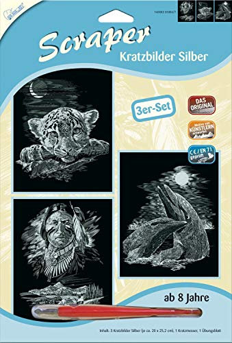 Mammut Spiel & Geschenk 510847 - Kratzbilder, Motive Fantasie, Silber, glänzend, Komplettset mit 3 Kratzbildern&Kratzmesser&Übungsblatt, Scraper, Scratch, Kritzel, Kratzset für Kinder ab 8 Jahre