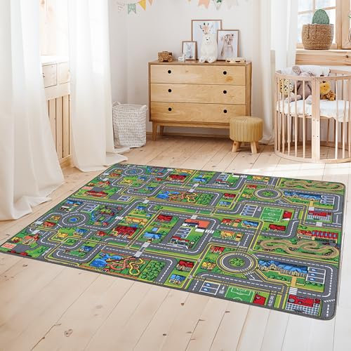 Primaflor Spielteppich mit Straßen & Kreisverkehr – Spielteppich für Kinder 140x200 cm – pflegeleichter Kinderteppich mit Straßen