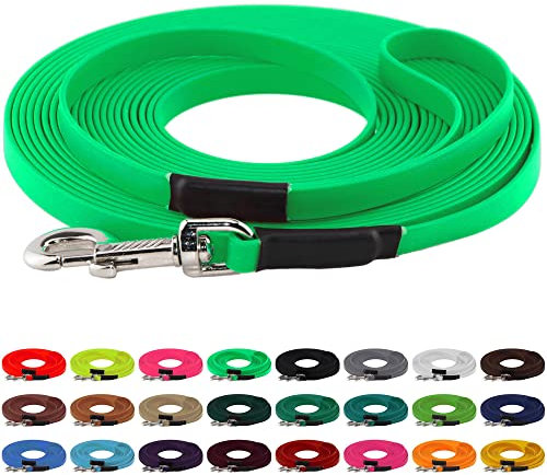 LENNIE BioThane Schleppleine, 19mm, Hunde ab 35kg, 7m lang, mit Handschlaufe, Neon-Grün, genäht