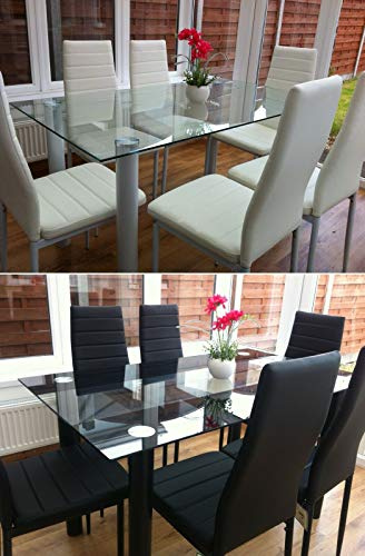 KOSY KOALA STUNNING BLACK GLASS KITCHEN DINING TABLE SET AND 6 BLACK FAUX LEATHER CHAIRS