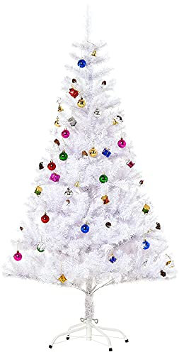 HOMCOM Albero di Natale Bianco 150cm con Addobbi e 680 Rami, Albero di Natale Artificiale in PVC