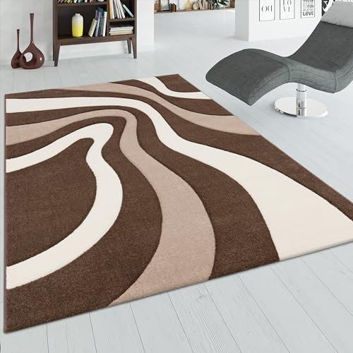 Paco Home Designer Teppich mit Konturenschnitt Wellen Muster Braun Beige Creme, Grösse:60x110 cm