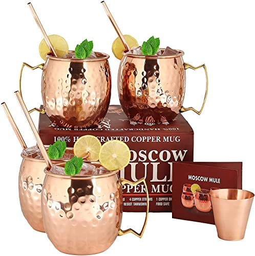 will's Kupferbecher – Set mit 4 Tassen aus 100% reinem massivem Kupfer – 16-Unzen-Premium-Geschenkset mit 4 Cocktail-Kupferstrohhalmen, Schnapsglas und Rezeptheft