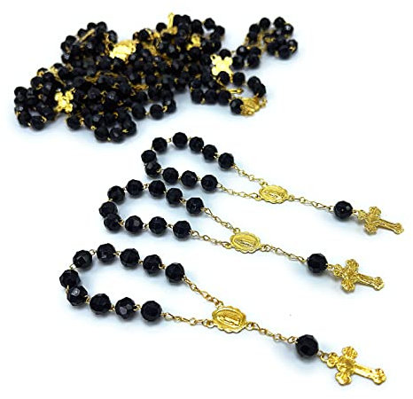 25 Stück Taufgeschenke Acryl Schwarz Perlen Vergoldet Mini Rosenkränze Acryl Perlen/Recuerditos De Bautismo/Taufe Gefälligkeiten/Decenarios/Jahrzehnte/Finger Rosenkränze