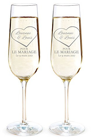 AMAVEL Set de 2 Flûtes à Champagne avec Cœur, pour Le Mariage, Personnalisées avec 2 Prénoms et 1 Date, Volume 0,2 L