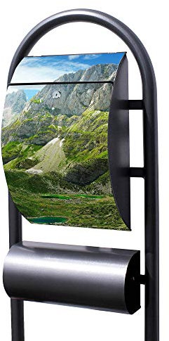 Banjado® Stand Briefkasten in Hammerschlag-Optik in Größe 150x47x22cm mit Motiv Bergsee Alpen - Briefkasten mit Standfuß/Postkasten freistehend als Standbriefkasten mit Zeitungsfach