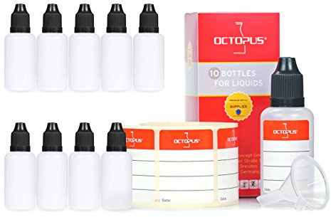Octopus 10 Plastikflaschen 30 ml LDPE, G14, Tropfeinsatz, Deckel schwarz, 1 Mini-Trichter