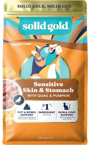 Solid Gold Sensitive Stomach Dry Cat Food - Grain Free Gluten Free Sensitive Stomach Cat Food for Indoor Adult/Senior Cats - Dry Kibble for Cats w/Quail - Probiotics for Gut Health - 6lb