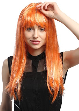 WIG ME UP - XR-003-PC24 Perücke Karneval Fasching Damen lang glatt Pony Orange + silberne Glitter Strähnen ca. 55 cm