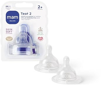 MAM Tétines pour biberon 2+ mois (2 pièces) – Lot de 2 tétines en silicone débit 2 vitesse moyenne – Tétine plate et ultra-douce pour bébé