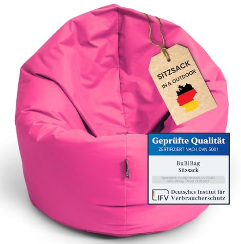 BuBiBag Sitzsack für Erwachsene mit Füllung, großer Gaming Bean Bag, Outdoor Sitzkissen für den Garten, Wasser- und wetterfest (145 cm Druchmesser - Pink)