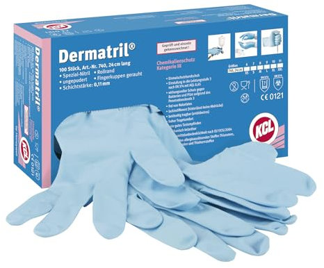 Honeywell KCL Dermatril® 740 Einweghandschuhe für Beidhänder, Nitril, wasserdicht, puderfrei, geeignet für die Lebensmittel-/Pharmaindustrie, Blau, Größe 7, 074007081C (SCHACHTEL mit 100 Stück)