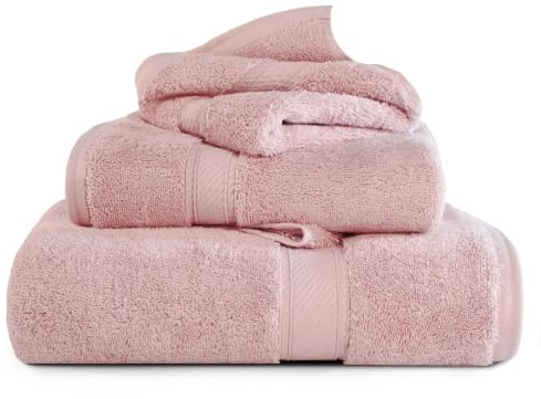 Superior 3-Piece Tea Rose Long-Staple Combed Cotton Towel Set: Face, Hand, Bath Towels - 900 GSM, Absorbent, Soft, Machine Washable