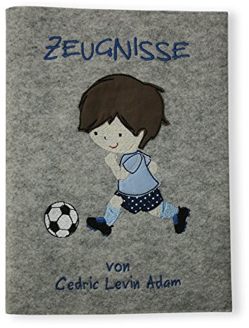 Goldi-Design Zeugnismappe Fußballer Jungen personalisiert Sichtbuch DIN A4 20 Klarsichthüllen Wollfilz (grau/blau/gepunktet)