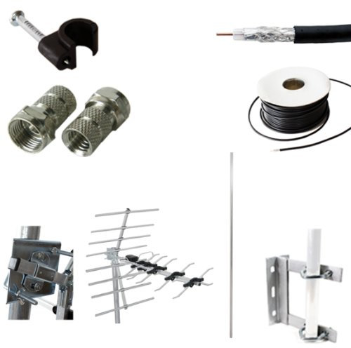 Outdoor TV Aerial Install/Mounting Kit- 50m Coaxial/Coax Cable, 6ft Straight Mast/Pole, Bracket, Clips