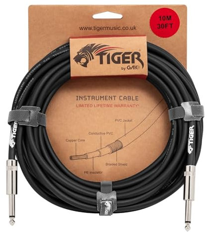 Tiger GTC4-10 10 Metre Instrument Cable With 1/4 (6.35mm) Jack plugs for Guitar, Keyboard Amps and More