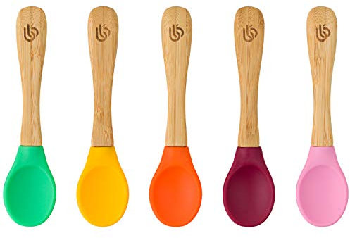bamboo bamboo ® Cucharas De Destete Para Bebé, Set De 5 | Bambú Con Puntas De Silicona Suave | Mangos Ergonómicos De Fácil Agarre | Libre De BPA (Set De 5)